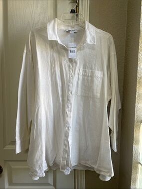 Nine West White 1X  Collared Button-Front ,Long Sleeve  Shirt